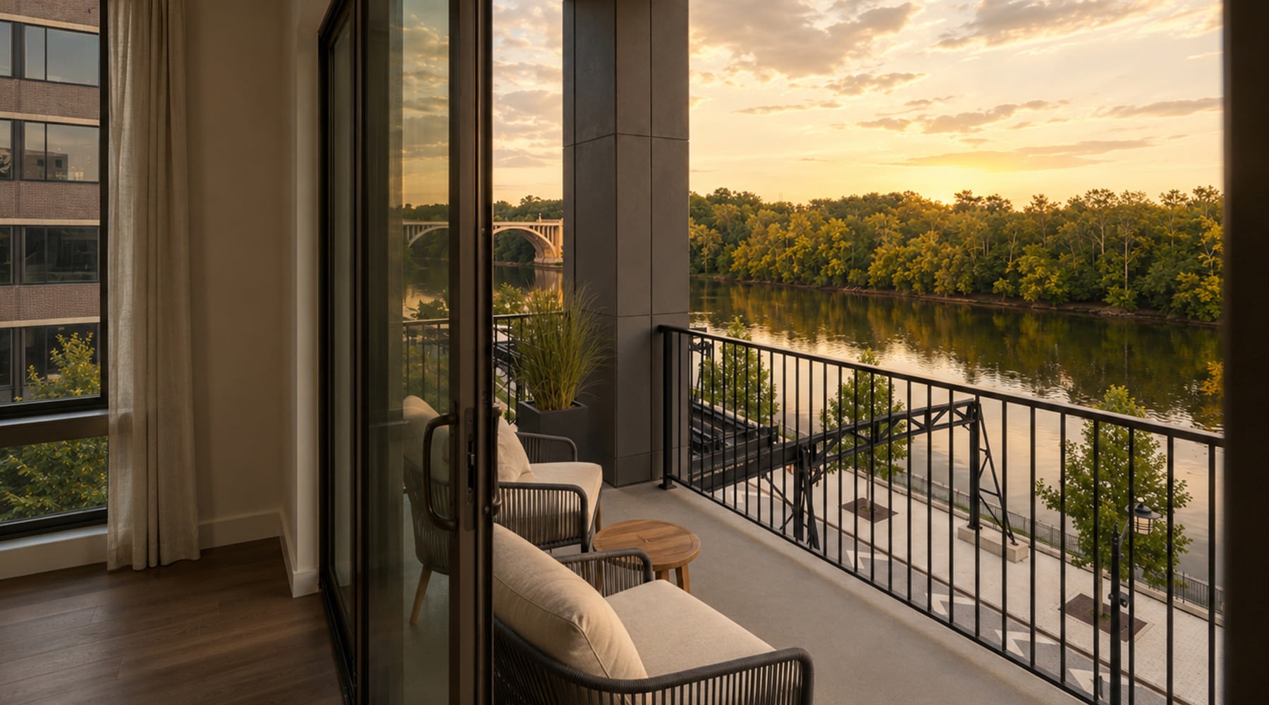 Rendering of a riverside apartment balcony overlooking the Lehigh River at River House in Allentown.