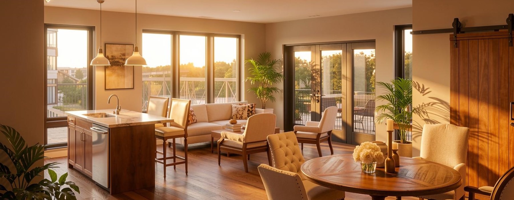 a large living room with a dining table and chairs