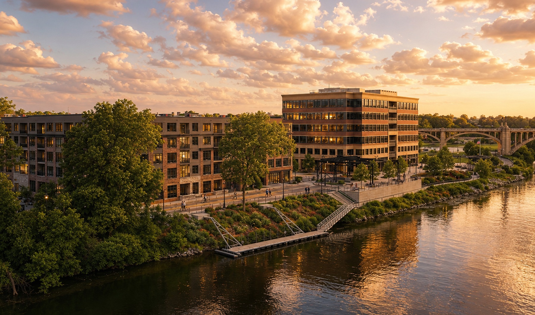 River House on the Lehigh River at sunset, with the River Walk, the floating dock, and the Tilghman Street Bridge beyond.