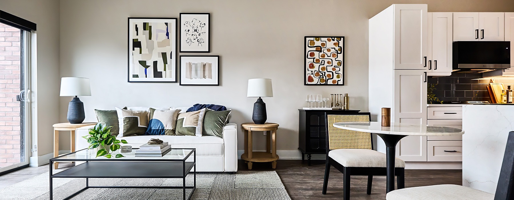 The living room in the model unit at River House at The Waterfront in Allentown, Pennsylvania.