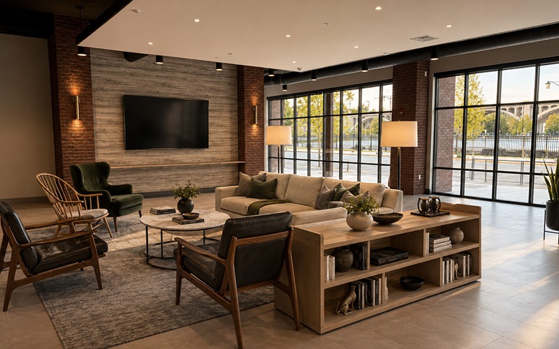 A rendering of the Resident Lounge at River House in Allentown.