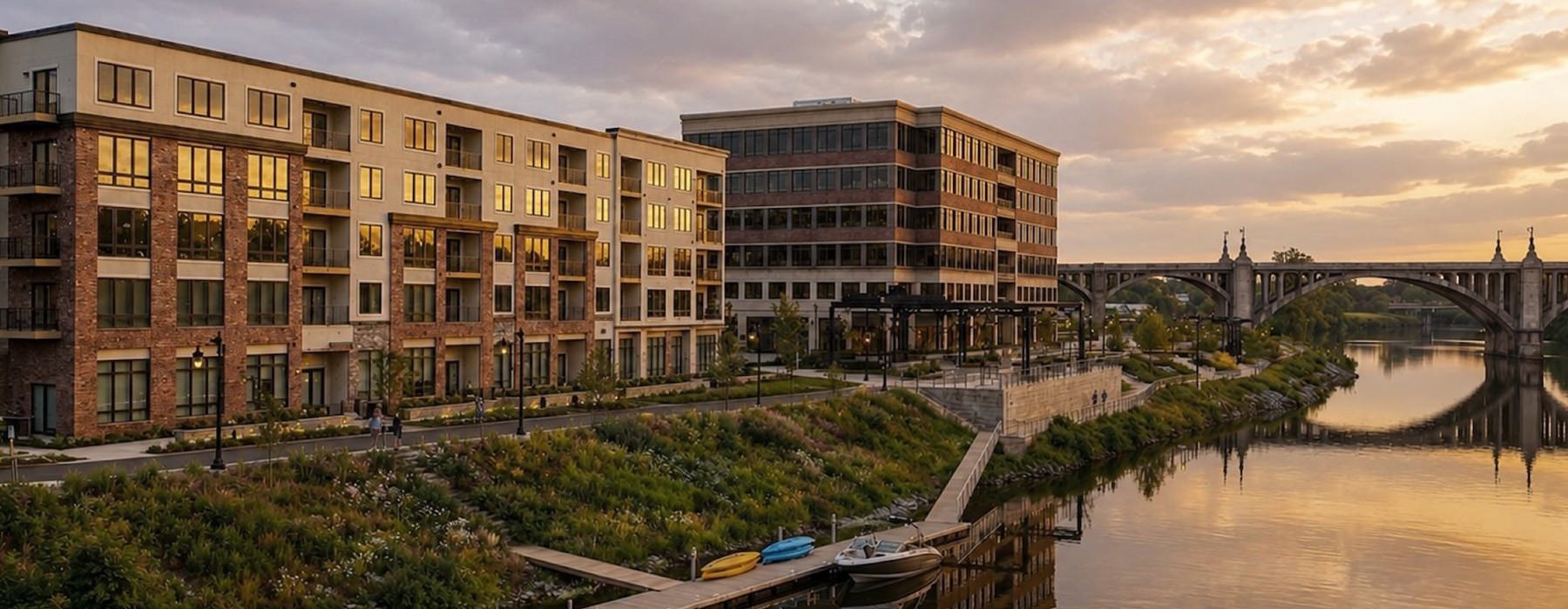 A rendering of River House from the Lehigh River, next to 615 Waterfront, at The Waterfront in Allentown.